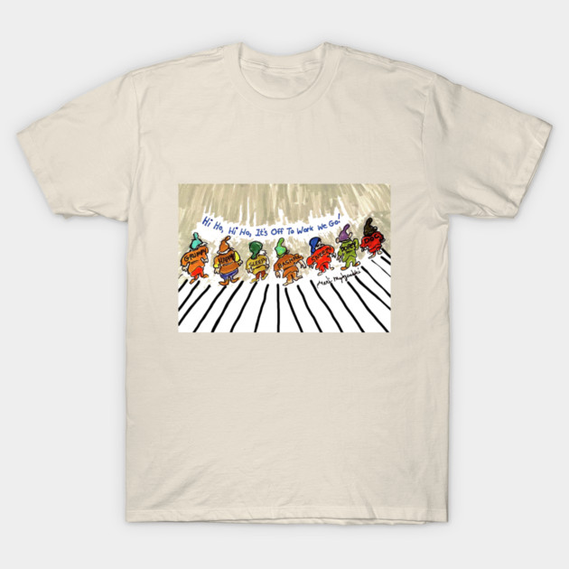 Beige T-shirt with colorful cartoon design, playful style, casual wear, 100% cotton, unisex.