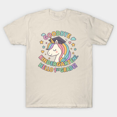 Cream t-shirt with colorful "Goodbye Kindergarten, Hello 1st Grade" unicorn design, perfect for school transitions.
