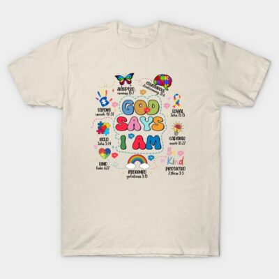 Cream t-shirt with colorful "God Says I Am" graphic, featuring inspirational words and symbols, cotton material.