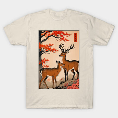 Cream t-shirt featuring a Japanese deer print with red foliage, perfect for casual wear and nature lovers. Cotton material.