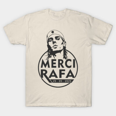 Beige graphic t-shirt with bold black "Merci Rafa" design, casual unisex style, cotton material, ideal for everyday wear.