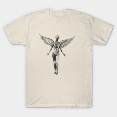 Cream t-shirt with artistic winged figure design, cotton material, casual style for everyday wear.