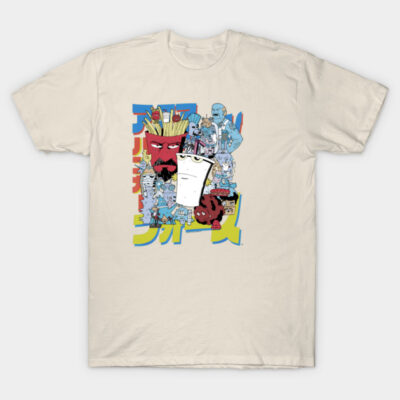 Cream graphic t-shirt with colorful cartoon-style design, featuring various characters, casual wear, cotton material.