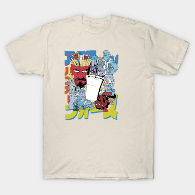 Cream graphic t-shirt with colorful cartoon-style design, featuring various characters, casual wear, cotton material.