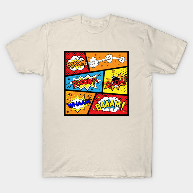 Cream T-shirt featuring vibrant comic book sound effects design in red, blue, and yellow. Fun casual wear.