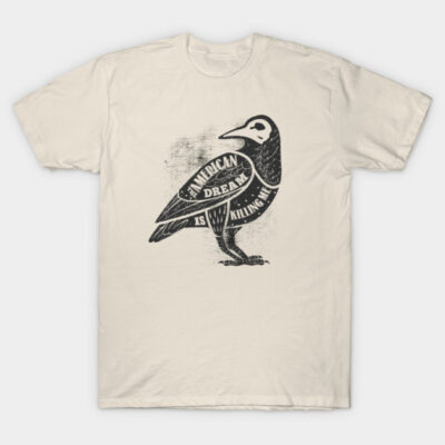 Cream t-shirt with black crow graphic, text design, casual wear, soft cotton material, unisex style.