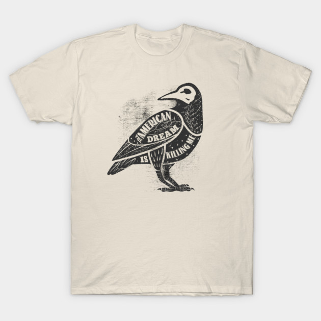 Cream t-shirt with black crow graphic, text design, casual wear, soft cotton material, unisex style.