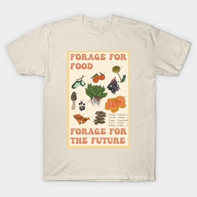 Beige t-shirt with botanical illustrations and "Forage for Food, Forage for the Future" text, casual eco-friendly design.