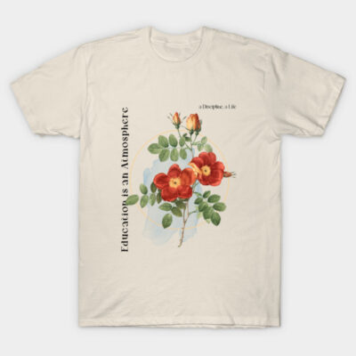 Cream t-shirt with red floral design and text "Education is an Atmosphere" for casual wear, cotton material.