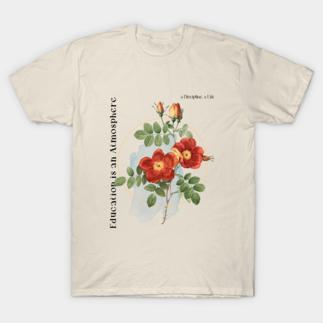 Cream t-shirt with red floral design and text "Education is an Atmosphere" for casual wear, cotton material.