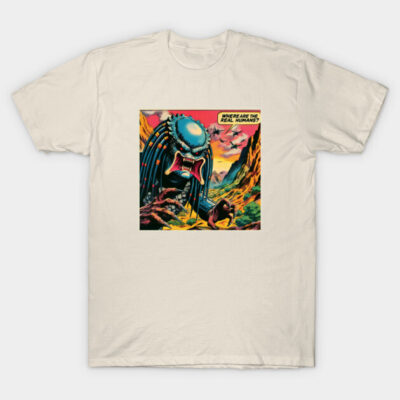 Beige graphic t-shirt featuring a colorful comic-style alien design, perfect for casual wear and pop culture enthusiasts.