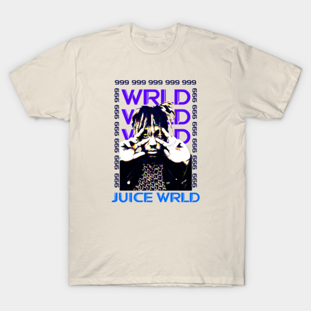 Juice WRLD Pop Art T-Shirt 1 Beige t-shirt with graphic design featuring abstract art and bold text in black and blue, casual wear for everyday style.