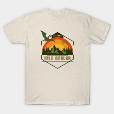 Cream t-shirt with Isla Nublar graphic, featuring a sunset and pterodactyl design. Casual wear, cotton material.