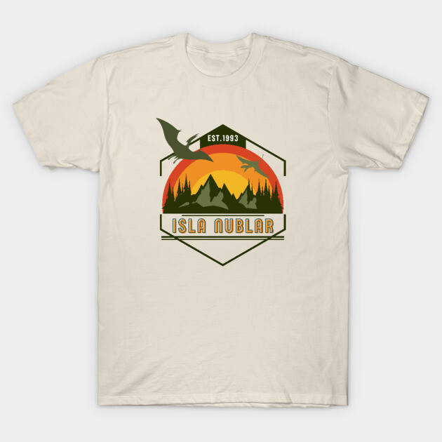 Cream t-shirt with Isla Nublar graphic, featuring a sunset and pterodactyl design. Casual wear, cotton material.