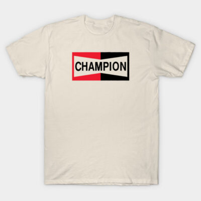 Cream t-shirt with bold black and red "Champion" logo design, casual style, ideal for everyday wear.