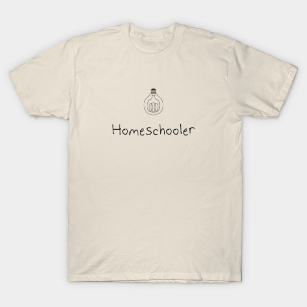 Cream T-shirt with "Homeschooler" text and light bulb graphic, casual style, soft cotton material.