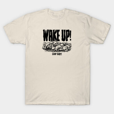 Beige graphic t-shirt with bold "Wake Up!" text and skull design, casual style, soft cotton material for everyday wear.