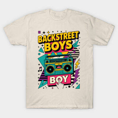 Vintage-style graphic t-shirt featuring colorful boombox design on a light beige background, ideal for casual wear.