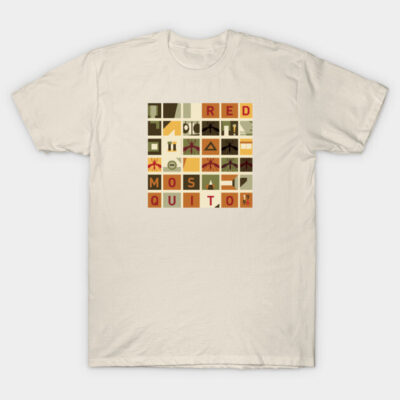 Cream t-shirt with abstract red and beige graphic design, casual wear, cotton material, unisex style.