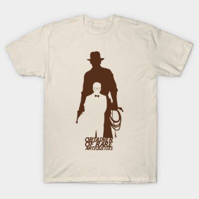 Cream t-shirt featuring a brown silhouette of adventurer with whip, ideal for casual wear, cotton material.
