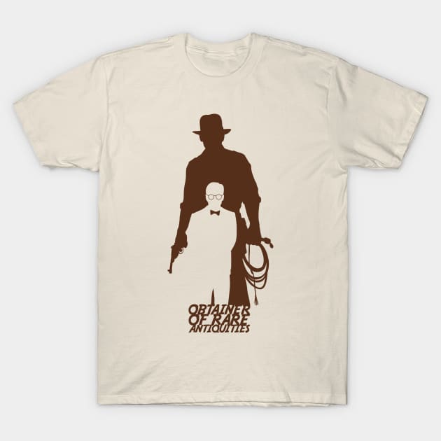 Cream t-shirt featuring a brown silhouette of adventurer with whip, ideal for casual wear, cotton material.