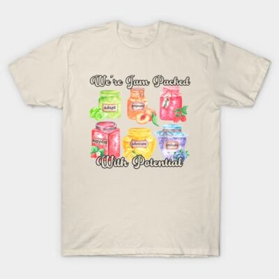 Cream T-shirt with colorful jam jar graphic, text "We're Jam Packed With Potential," casual cotton tee.