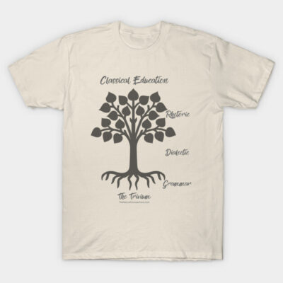 Beige t-shirt featuring a tree graphic and educational text, ideal for casual wear and made from soft cotton.