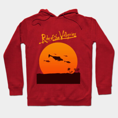Red hoodie with "Ride of the Valkyries" print, featuring helicopters against an orange sunset background. Cotton material.