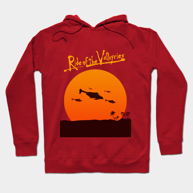 Red hoodie with "Ride of the Valkyries" print, featuring helicopters against an orange sunset background. Cotton material.