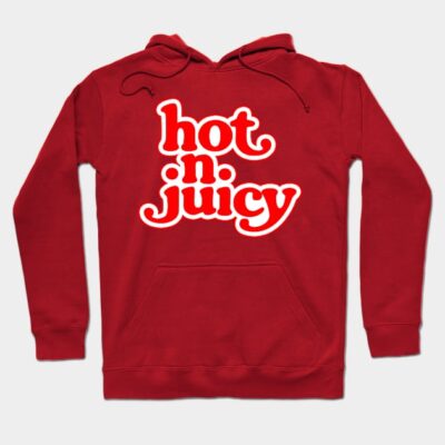 Red hoodie with "hot n. juicy" text design, casual style, cotton material, perfect for everyday wear.