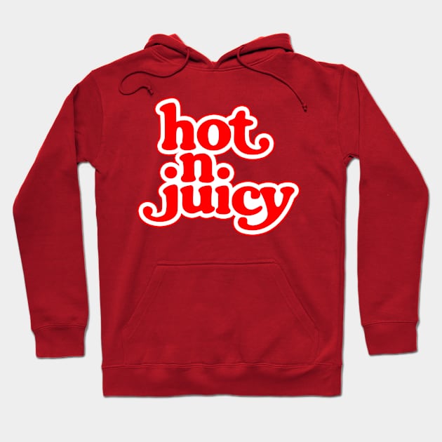 Red hoodie with "hot n. juicy" text design, casual style, cotton material, perfect for everyday wear.