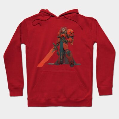 Red graphic hoodie featuring a futuristic warrior design, cotton blend, unisex casual wear, perfect for cool weather.