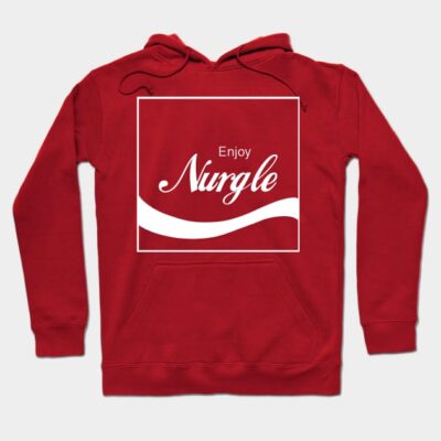 Red hoodie with "Enjoy Nurgle" graphic, cotton material, casual style, perfect for everyday wear.