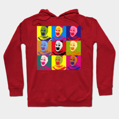 Red hoodie with colorful pop art clown print, cotton material, casual style, ideal for everyday wear.