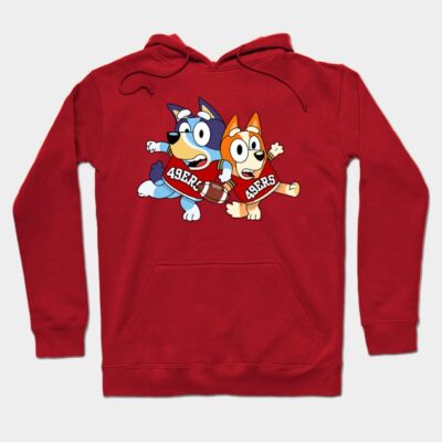 Red hoodie with cartoon dog print, featuring playful design. Perfect for casual wear, made of soft, comfy material.