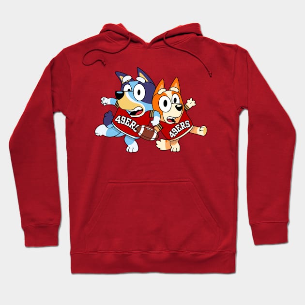 Red hoodie with cartoon dog print, featuring playful design. Perfect for casual wear, made of soft, comfy material.