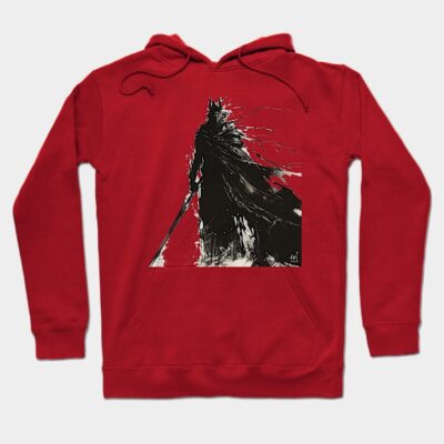 Red hooded sweatshirt with a black and white abstract warrior design, perfect for casual wear and comfort.