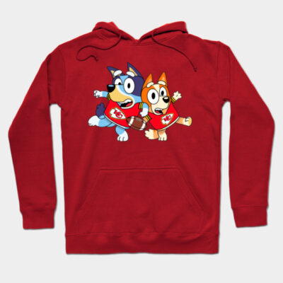 Red hoodie with playful cartoon print, featuring two dogs in football jerseys, perfect for casual wear and comfort.