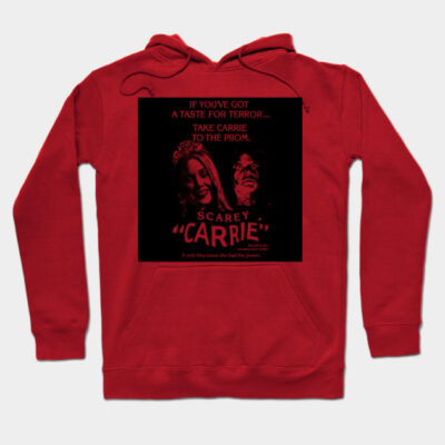 Red hoodie with horror movie graphic, text "Scarey Carrie," perfect for Halloween, cozy cotton blend.