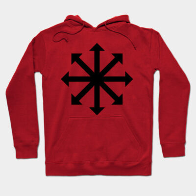 Red hoodie with black compass design, cozy cotton blend, casual style, ideal for everyday wear and comfort.