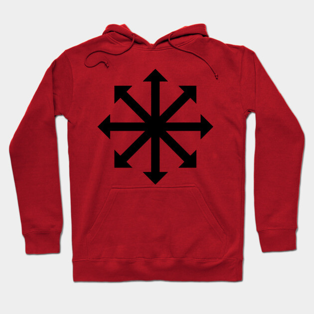 Red hoodie with black compass design, cozy cotton blend, casual style, ideal for everyday wear and comfort.