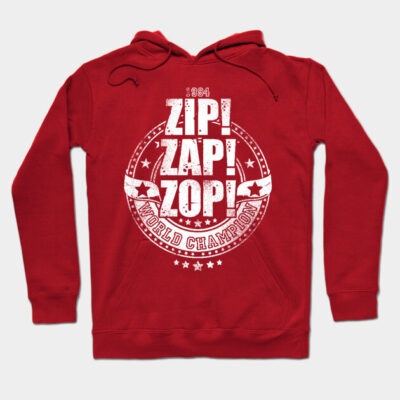 Red hoodie with "Zip Zap Zop World Champion" text design, casual style, cotton blend, perfect for everyday wear.