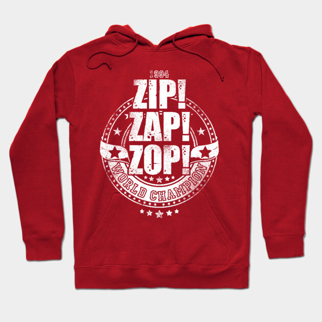 Red hoodie with "Zip Zap Zop World Champion" text design, casual style, cotton blend, perfect for everyday wear.