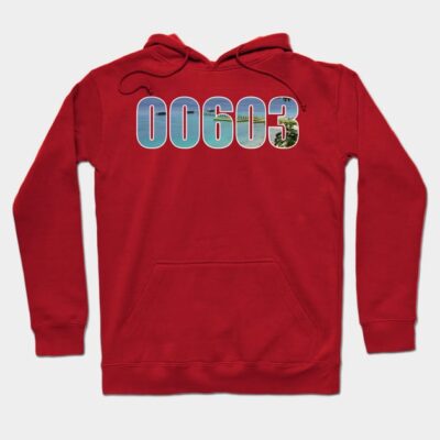 Red hoodie with "00603" graphic, featuring landscapes, front pocket, drawstring hood, soft fabric, casual wear.