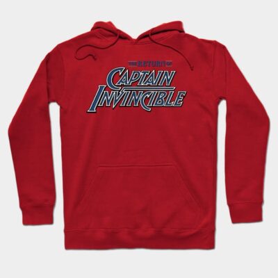 Red hooded sweatshirt featuring "Captain Invincible" graphic, casual wear, soft cotton blend, unisex style.
