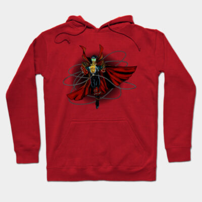 Red cotton hoodie with superhero graphic, ideal for casual wear, featuring adjustable drawstrings and front pocket.