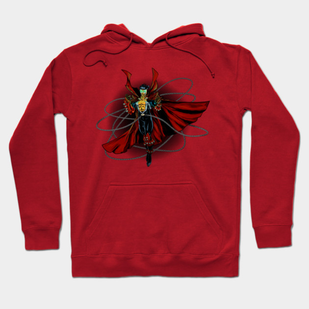 Red cotton hoodie with superhero graphic, ideal for casual wear, featuring adjustable drawstrings and front pocket.