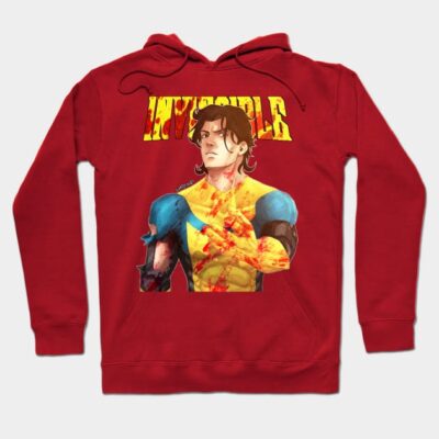 Red graphic hoodie with bold yellow and blue superhero design, ideal for casual wear, cotton blend material.