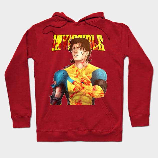Red graphic hoodie with bold yellow and blue superhero design, ideal for casual wear, cotton blend material.
