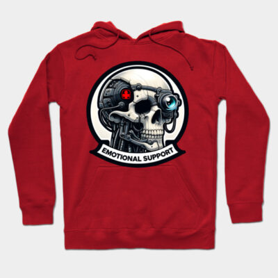 Red hoodie with cyborg skull graphic and "Emotional Support" text, casual style, warm cotton material.